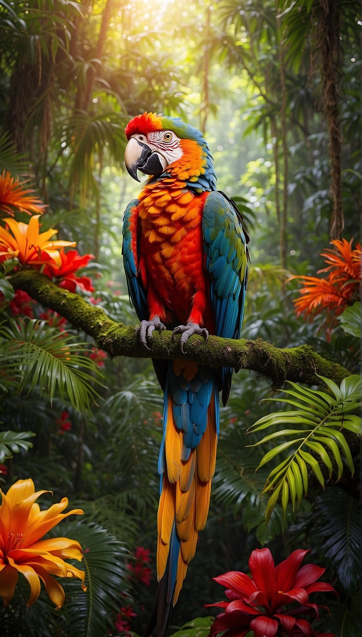 macaw, scarlet macaw, bird, wildlife, forest, nature, flower wallpaper, beautiful flowers, jungle, vibrant colours, flowers, trees, bush, daylight, hyper realistic, photorealistic, flower background, cinematic, bird wallpaper, phone wallpaper, hd wallpaper, macaw wallpaper, parrot, amazon, mobile wallpaper, 4k, wildlife photography