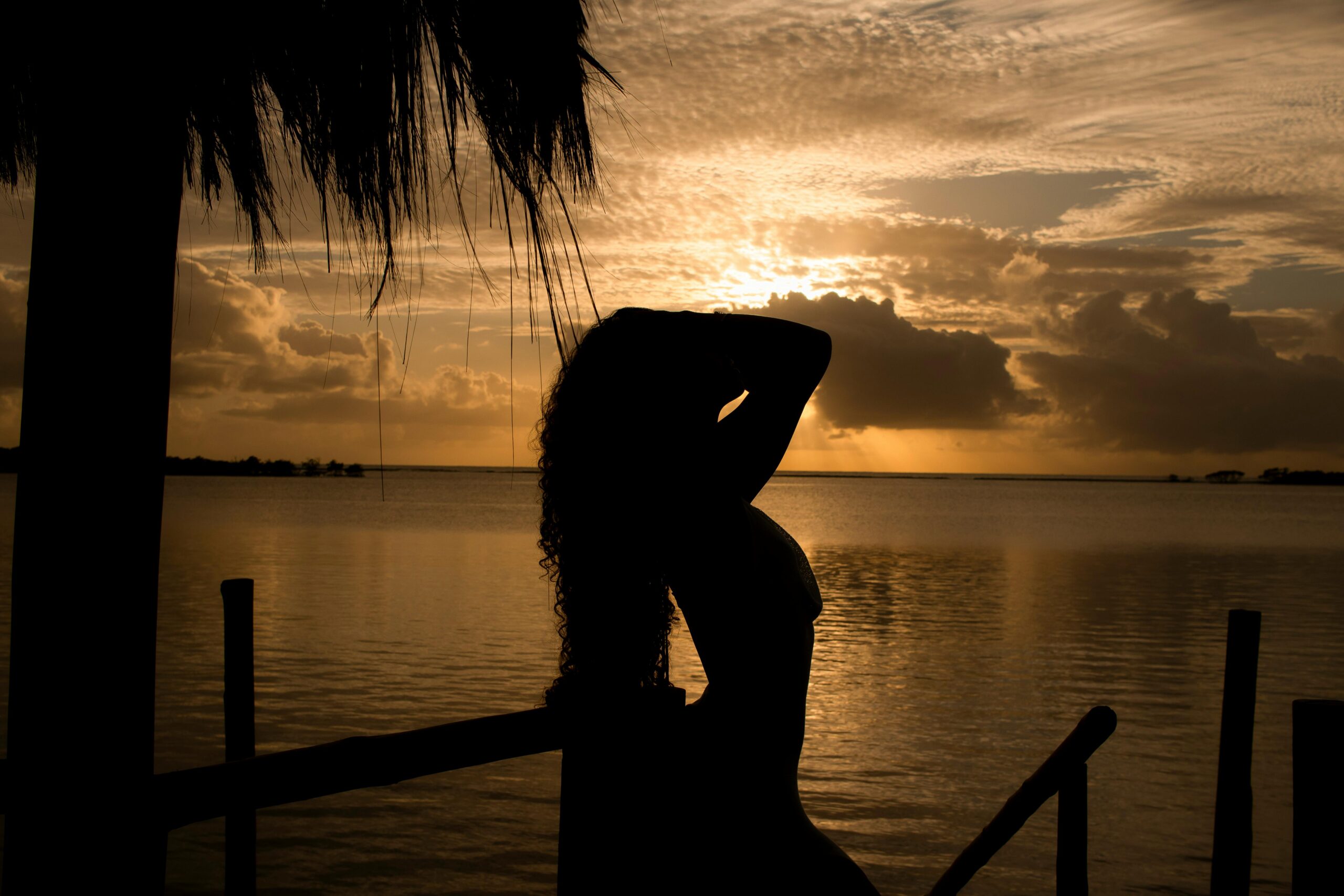 Silhouette of a woman enjoying a serene sunset by a tropical lake.